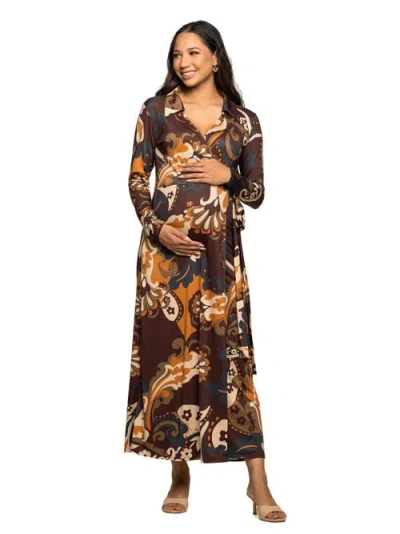 24seven Comfort Apparel Women's Brown Paisley Belt Waist Maxi Dress In Black