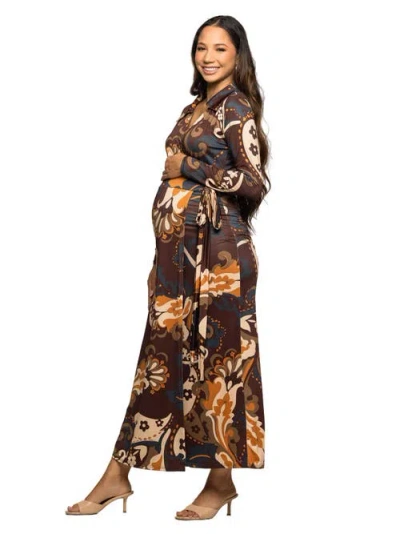 24seven Comfort Apparel Women's Brown Paisley Belt Waist Maxi Dress In Black