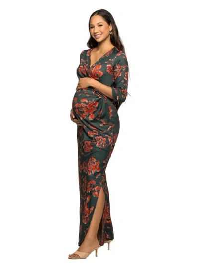 24seven Comfort Apparel Floral Print Three Quarter Sleeve Side Slit Maxi Dress In Black