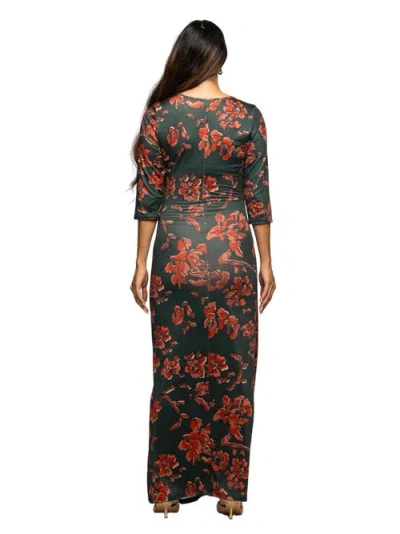 24seven Comfort Apparel Floral Print Three Quarter Sleeve Side Slit Maxi Dress In Black