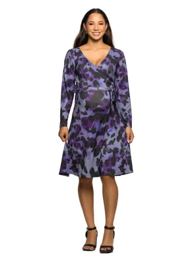 24seven Comfort Apparel Long Sleeve Wrap Dress With Belt Print In Blue