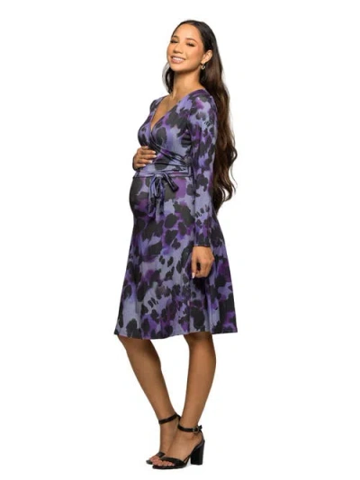 24seven Comfort Apparel Long Sleeve Wrap Dress With Belt Print In Blue