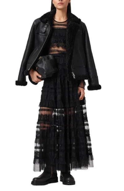 Allsaints Lorel Leather & Genuine Shearling Flying Jacket In Black