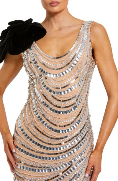 Mac Duggal Mesh Beaded 3d Flower Cowl Back Ankle Dress In Multi