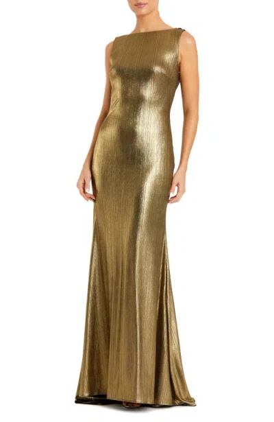 Mac Duggal Metallic High Neck Cowl Open Back Column Gown In Gold