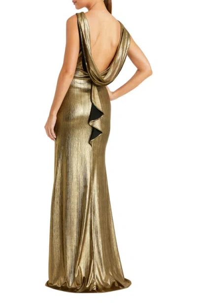 Mac Duggal Metallic High Neck Cowl Open Back Column Gown In Gold