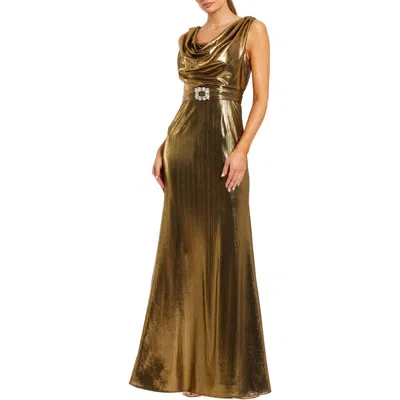 Mac Duggal Metallic Sleeveless Cowl Neck Gown With Belt In Gold
