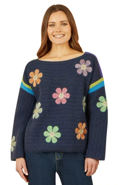 Yumi Crochet Flower Long Sleeve Jumper In Blue