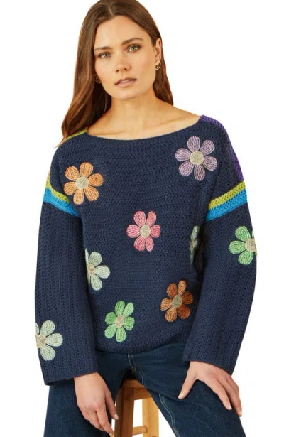 Yumi Crochet Flower Long Sleeve Jumper In Blue