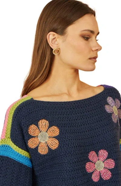 Yumi Crochet Flower Long Sleeve Jumper In Blue