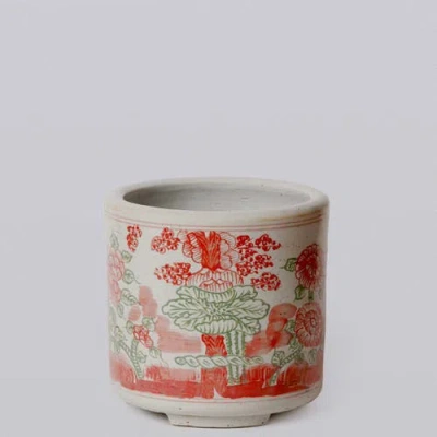 Cobalt Guild Pink And Green Porcelain Four Seasons Footed Cachepot In Red