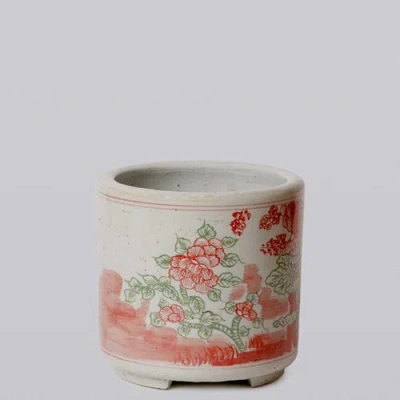 Cobalt Guild Pink And Green Porcelain Four Seasons Footed Cachepot In Red