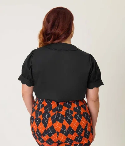 Smak Parlour Plus Size Embriodered Puff Sleeve Top In Black