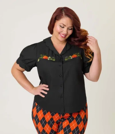 Smak Parlour Plus Size Embriodered Puff Sleeve Top In Black