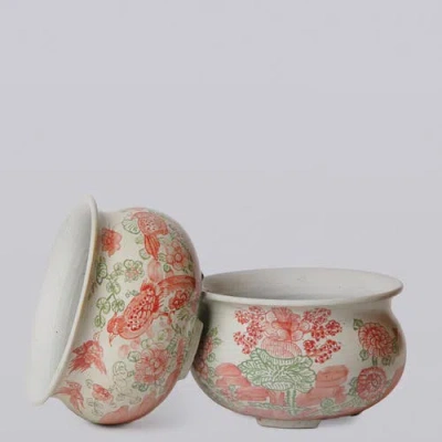 Cobalt Guild Rustic Four Seasons Pink & Green Porcelain Bulbous Cachepot In Multi