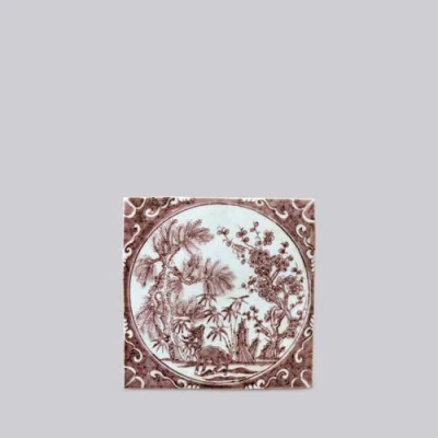 Cobalt Guild Hand Painted Porcelain Red And White Auspicious Deer Tile In Multi