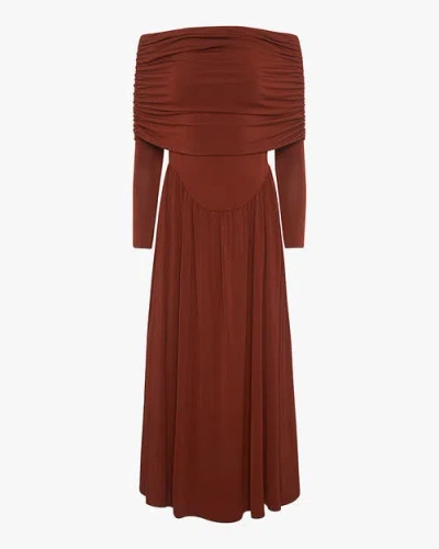 Weworewhat Off Shoulder Ruched Midi Dress In Brown