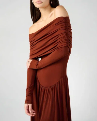 Weworewhat Off Shoulder Ruched Midi Dress In Brown