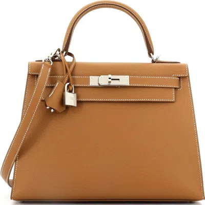 Pre-owned Hermes  Hermes Kelly Handbag Brown Epsom With Palladium Hardware 28 In Gold