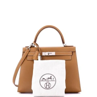 Pre-owned Hermes  Hermes Kelly Handbag Brown Epsom With Palladium Hardware 28 In Gold