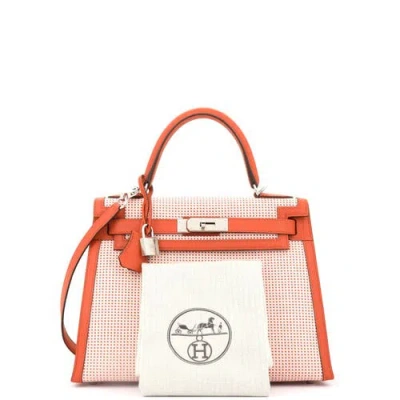 Pre-owned Hermes  Hermes Kelly Handbag Quadrille Canvas And Orange Swift With Palladium Hardware 28 In Brown