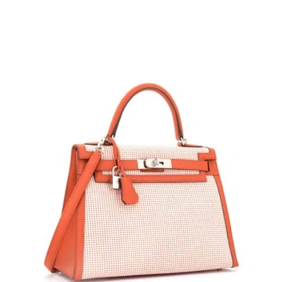 Pre-owned Hermes  Hermes Kelly Handbag Quadrille Canvas And Orange Swift With Palladium Hardware 28 In Brown