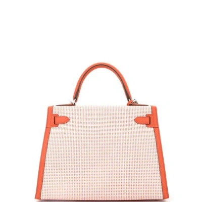 Pre-owned Hermes  Hermes Kelly Handbag Quadrille Canvas And Orange Swift With Palladium Hardware 28 In Brown