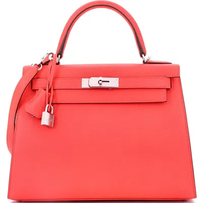 Pre-owned Hermes  Hermes Kelly Handbag Red Clemence With Palladium Hardware 28