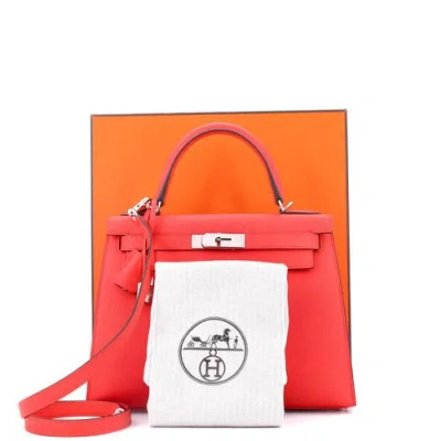 Pre-owned Hermes  Hermes Kelly Handbag Red Clemence With Palladium Hardware 28