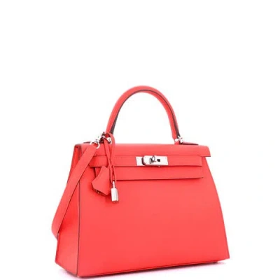 Pre-owned Hermes  Hermes Kelly Handbag Red Clemence With Palladium Hardware 28