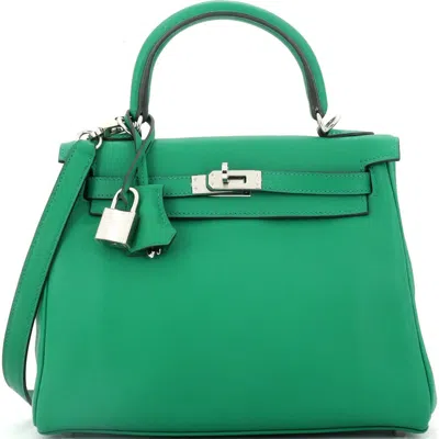 Pre-owned Hermes  Hermes Kelly Handbag Green Swift With Palladium Hardware 25 In Green