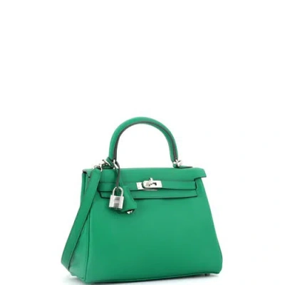 Pre-owned Hermes  Hermes Kelly Handbag Green Swift With Palladium Hardware 25 In Green