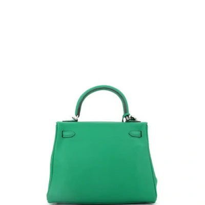 Pre-owned Hermes  Hermes Kelly Handbag Green Swift With Palladium Hardware 25 In Green