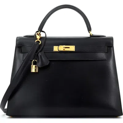 Pre-owned Hermes  Hermes Kelly Handbag Black Box Calf With Gold Hardware 32 In Black