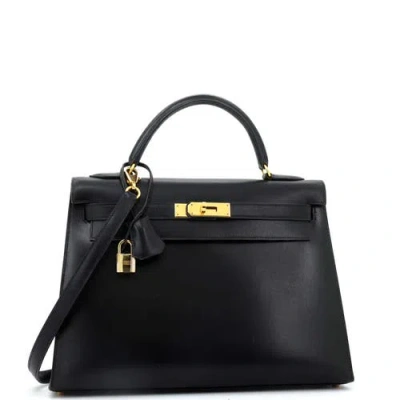 Pre-owned Hermes  Hermes Kelly Handbag Black Box Calf With Gold Hardware 32 In Black