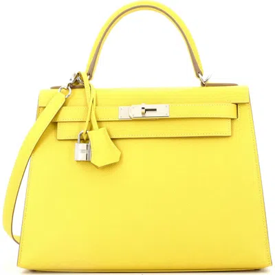 Pre-owned Hermes  Hermes Kelly Handbag Yellow Epsom With Palladium Hardware 28 In Green