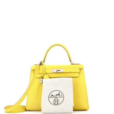 Pre-owned Hermes  Hermes Kelly Handbag Yellow Epsom With Palladium Hardware 28 In Green