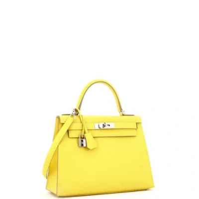 Pre-owned Hermes  Hermes Kelly Handbag Yellow Epsom With Palladium Hardware 28 In Green