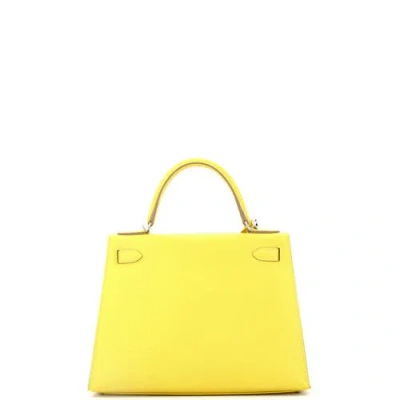 Pre-owned Hermes  Hermes Kelly Handbag Yellow Epsom With Palladium Hardware 28 In Green