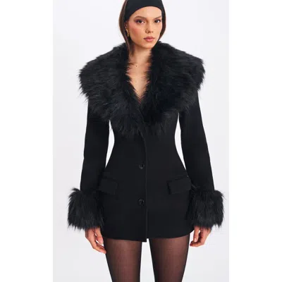 Miss Circle Hailee Single Breasted Wool Blend Mini Coat With Removable Fur Lapel In Black
