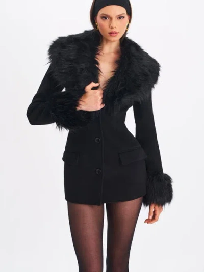 Miss Circle Hailee Single Breasted Wool Blend Mini Coat With Removable Fur Lapel In Black