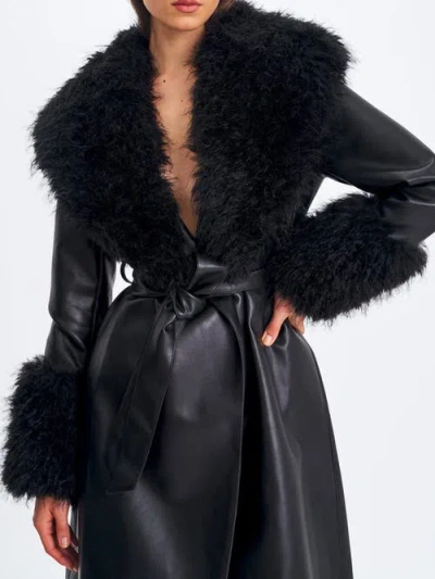Miss Circle Zariah Faux Fur Trimmed Longline Faux Leather Coat In Black