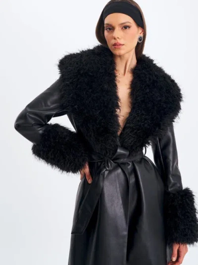 Miss Circle Zariah Faux Fur Trimmed Longline Faux Leather Coat In Black