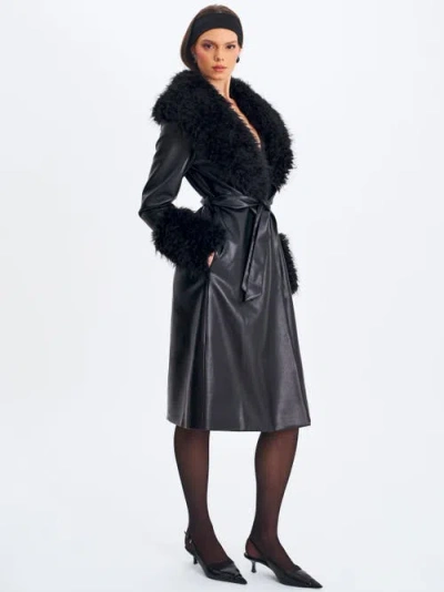 Miss Circle Zariah Faux Fur Trimmed Longline Faux Leather Coat In Black