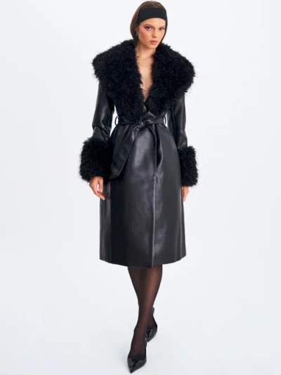Miss Circle Zariah Faux Fur Trimmed Longline Faux Leather Coat In Black