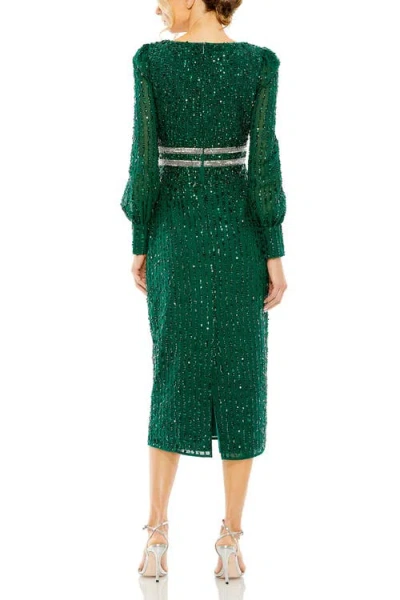 Mac Duggal V-neck Sequined Overlay Gown With Long Bishop Sleeves And Embellished Waist In Multi