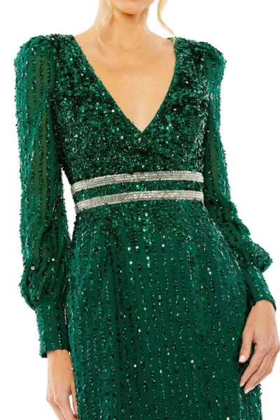 Mac Duggal V-neck Sequined Overlay Gown With Long Bishop Sleeves And Embellished Waist In Multi
