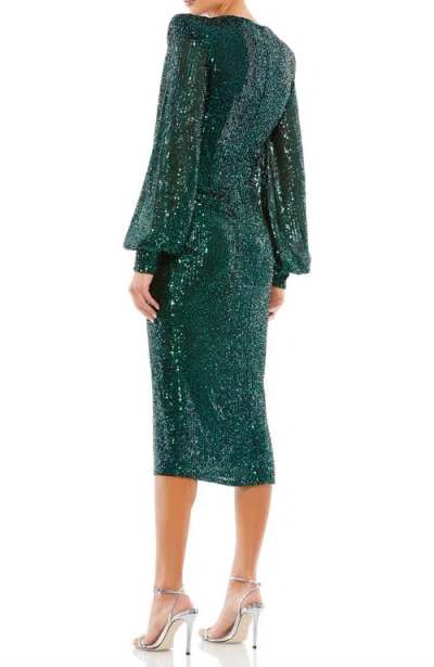 Mac Duggal Sequined Structure Bishop Sleeve Column Gown In Green