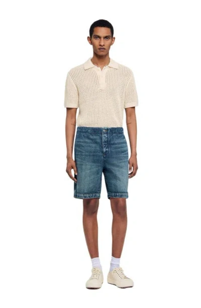 Sandro Elasticated Denim Shorts In Blue