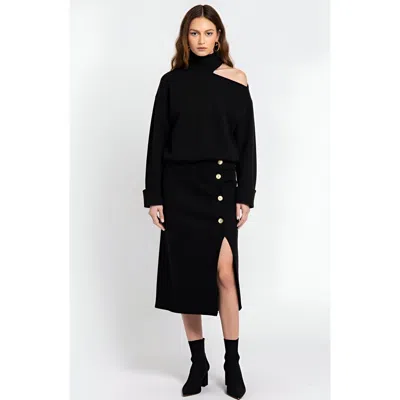 Modenaire Asymmetric Turtleneck Pullover And Button-front Slit Skirt Set In Black